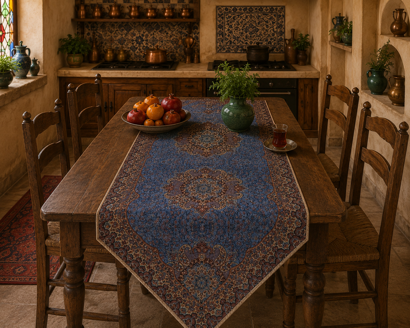 رومیزی طرح ترمه یزدی مستطیل کد ۱۰۴ آبی نفتی